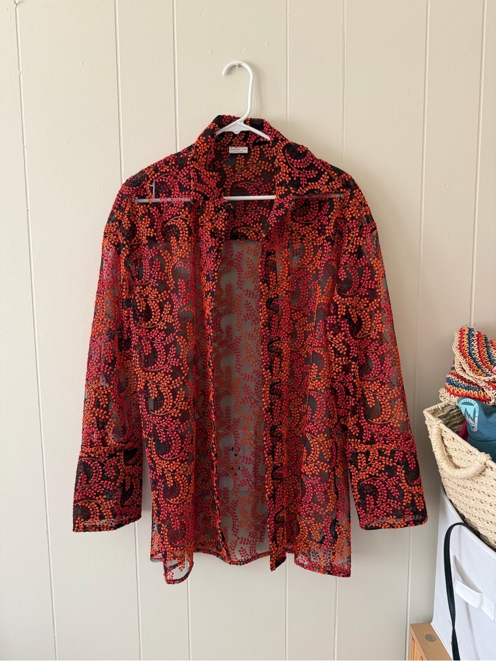 Sheer floral Red & Orange Button-Down Shirt